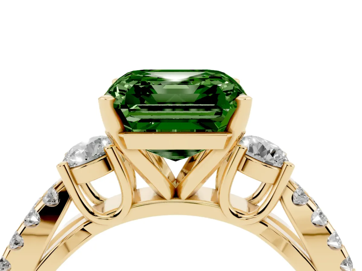 Fancy Green Asscher Cut Diamond Three-Stone Ring with Pavé Split Shank and Four-Prong Setting Yellow gold