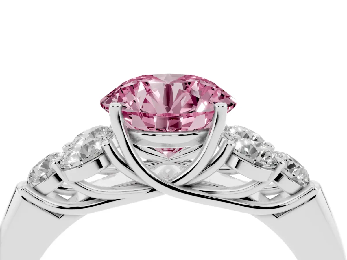 Fancy Pink Round Cut Cut Diamond Cluster Ring with Round Accent Stones and Prong Setting on a Classic Band White gold