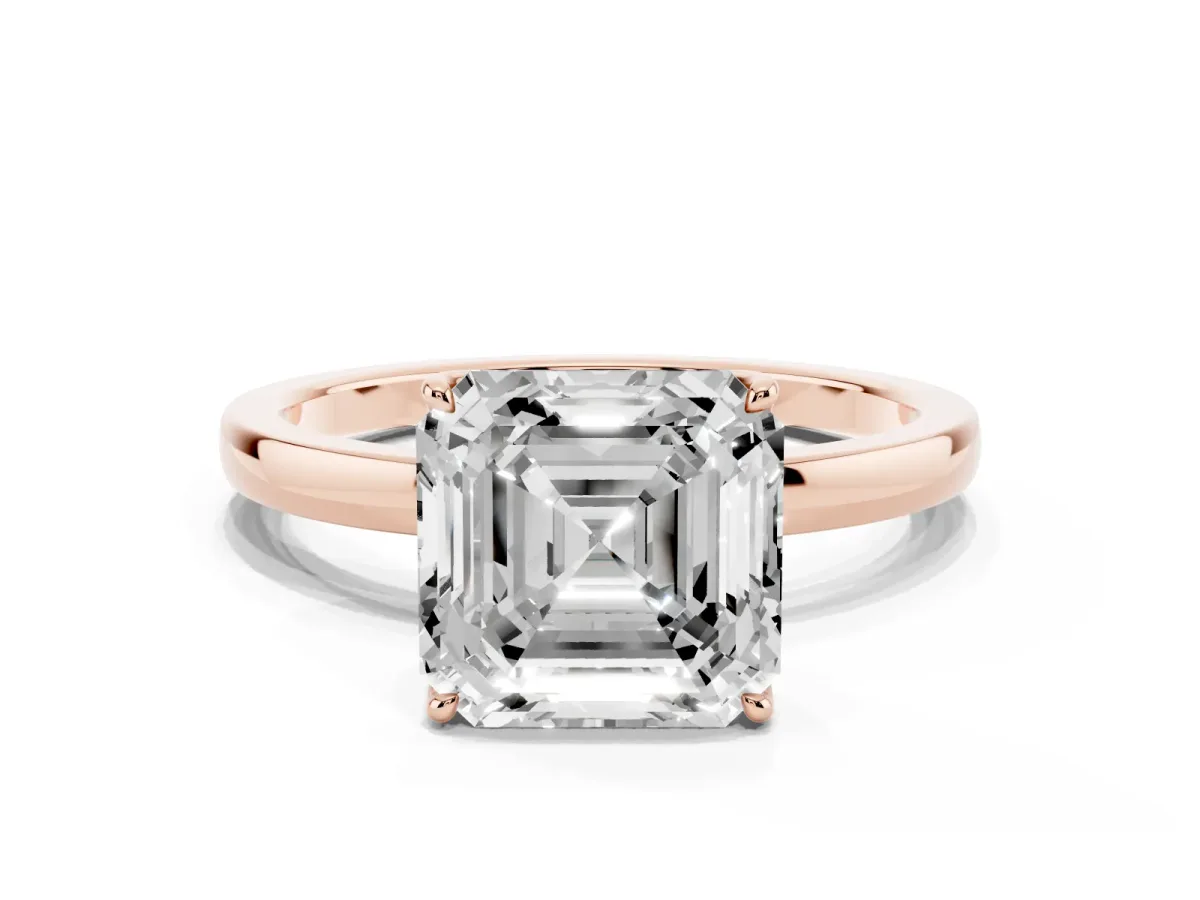 Asscher Cut Diamond Solitaire Ring with Thin Band and Prong Setting Rose gold