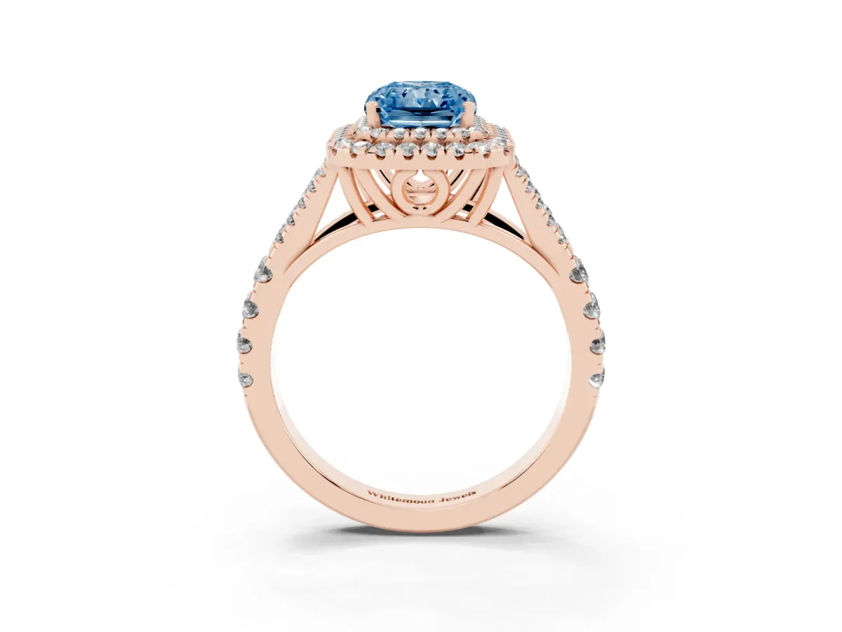 Fancy Blue Radiant Cut Cut Double Halo Split Shank Diamond Ring with Prong Setting Rose gold