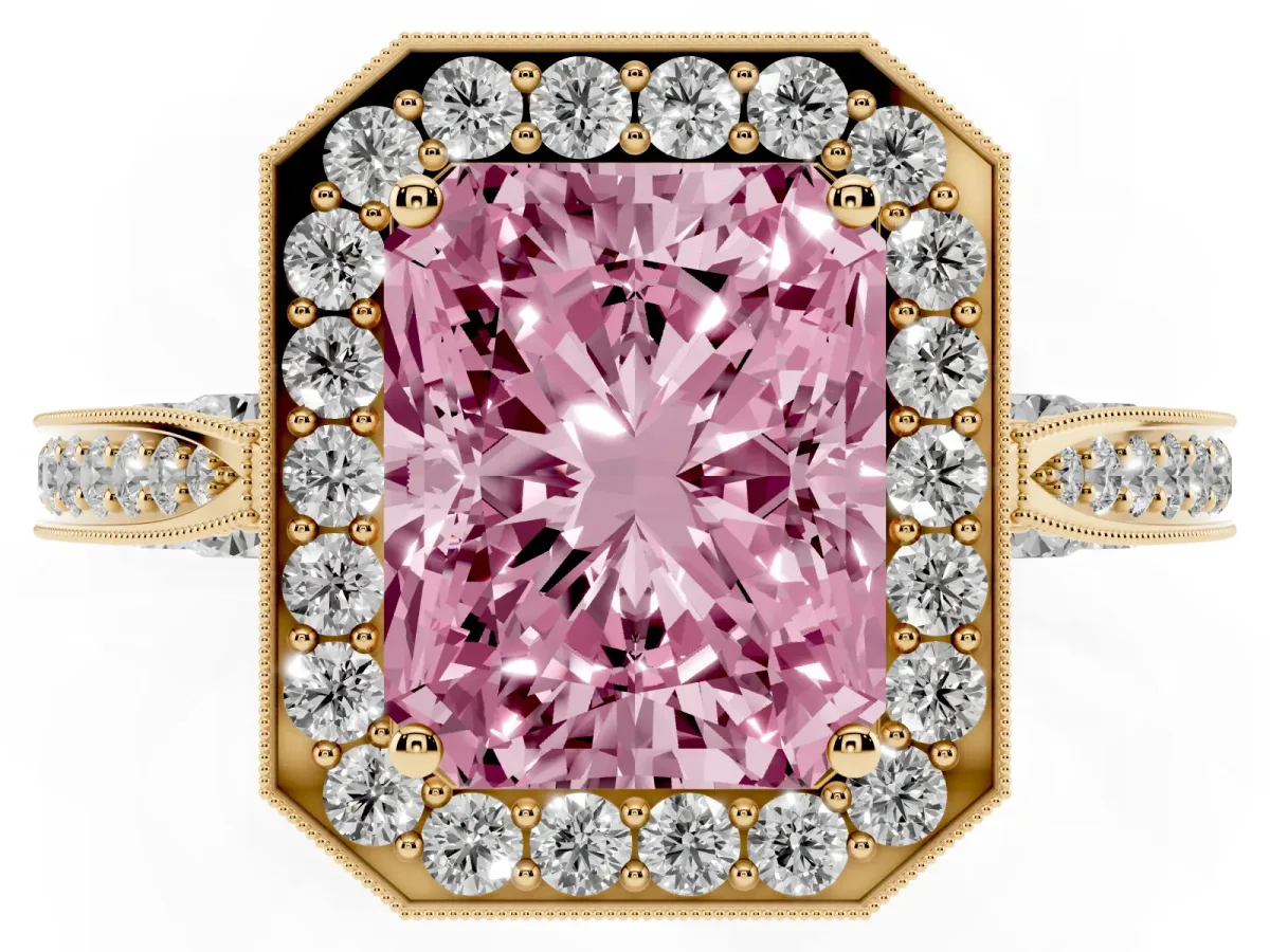 Fancy Pink Radiant Cut Halo Diamond Engagement Ring with Split Shank Band and Four-Prong Setting Yellow gold