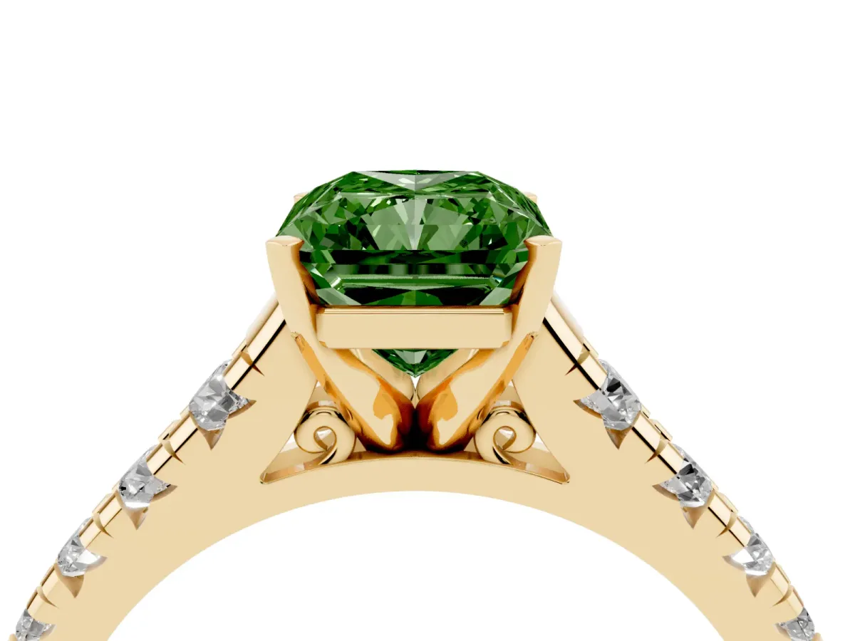 Fancy Green Radiant Cut Diamond Cathedral Solitaire Ring with Round Pavé Band Yellow gold
