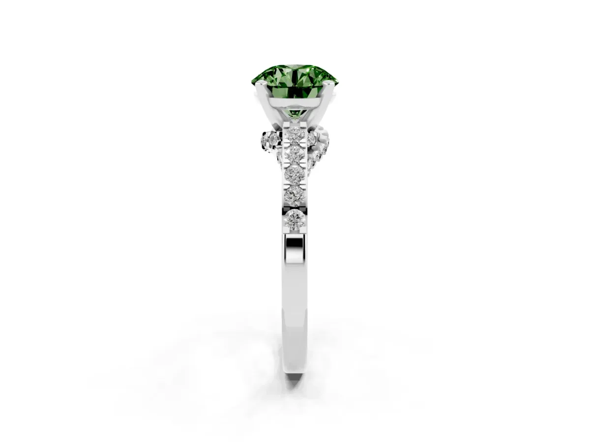 Fancy Green Round Cut Diamond Solitaire Ring with Crossover Gallery and Round Pavé Band Silver