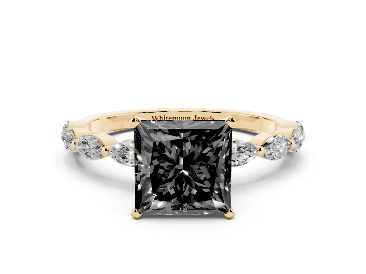 Fancy Black Princess Cut Diamond Ring with Marquise Side Stones and Prong Setting Yellow gold