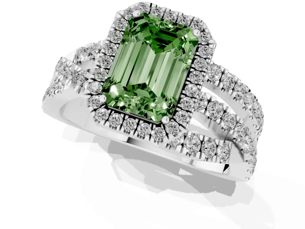 Fancy Green Emerald Cut Diamond Halo Ring with Round Split Shank and Prong Setting Silver