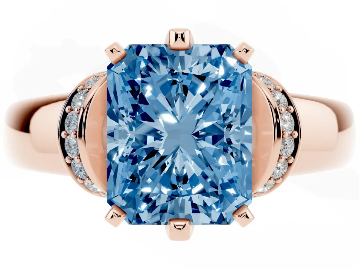 Fancy Blue Radiant Cut Solitaire Diamond Ring with Pave Band and Six-Prong Setting Rose gold