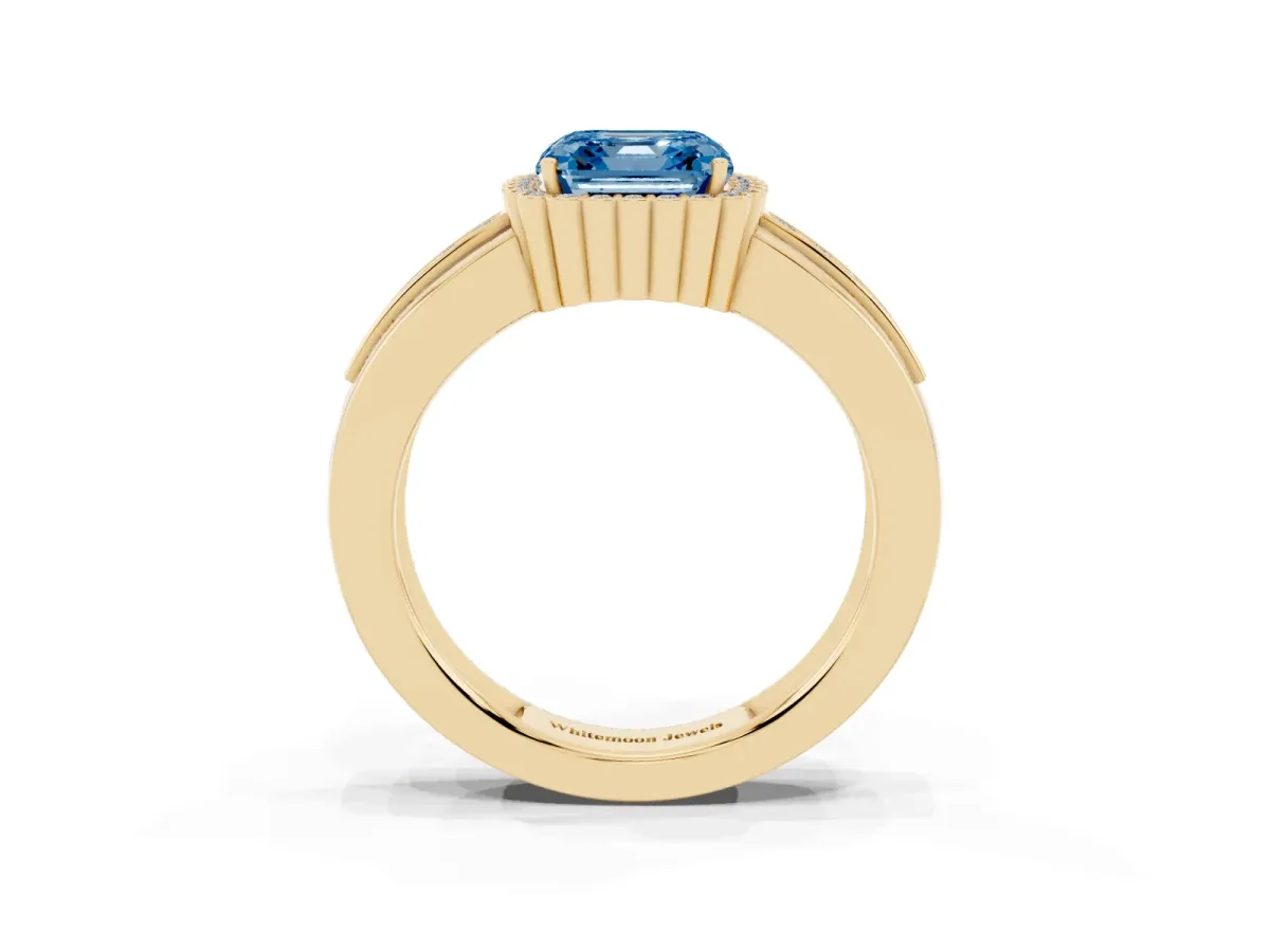 Fancy Blue Asscher Cut Cut Halo Pave Band Four-Prong Ring Yellow gold