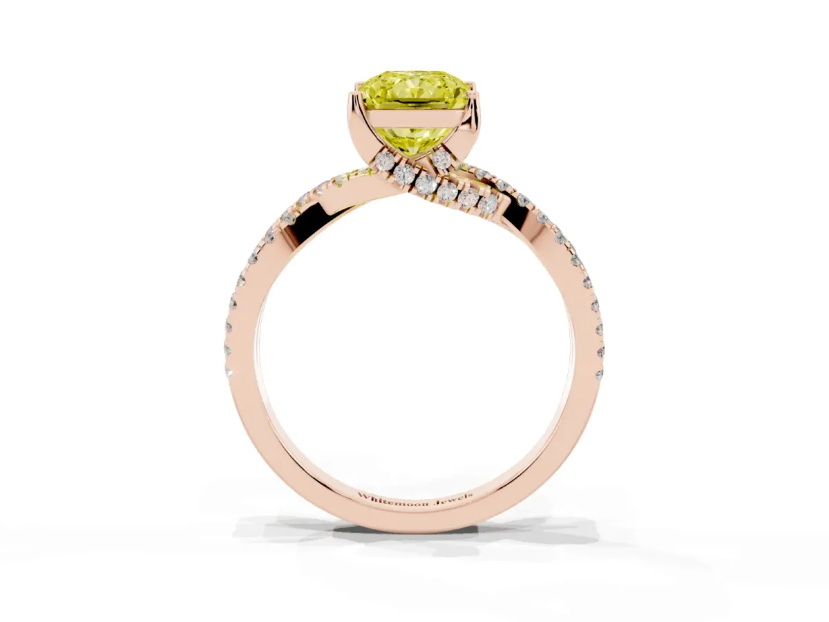 Fancy Yellow Radiant Cut Solitaire Twist Pave Diamond Engagement Ring with Prong Setting Rose gold
