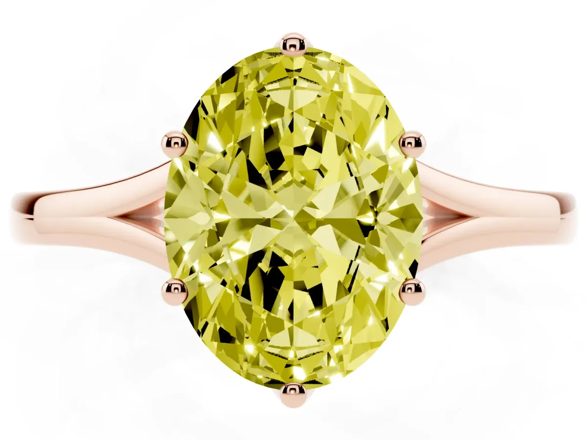 Fancy Yellow Oval Cut Solitaire Diamond Ring with Six-Prong Setting and Tapered Band Rose gold