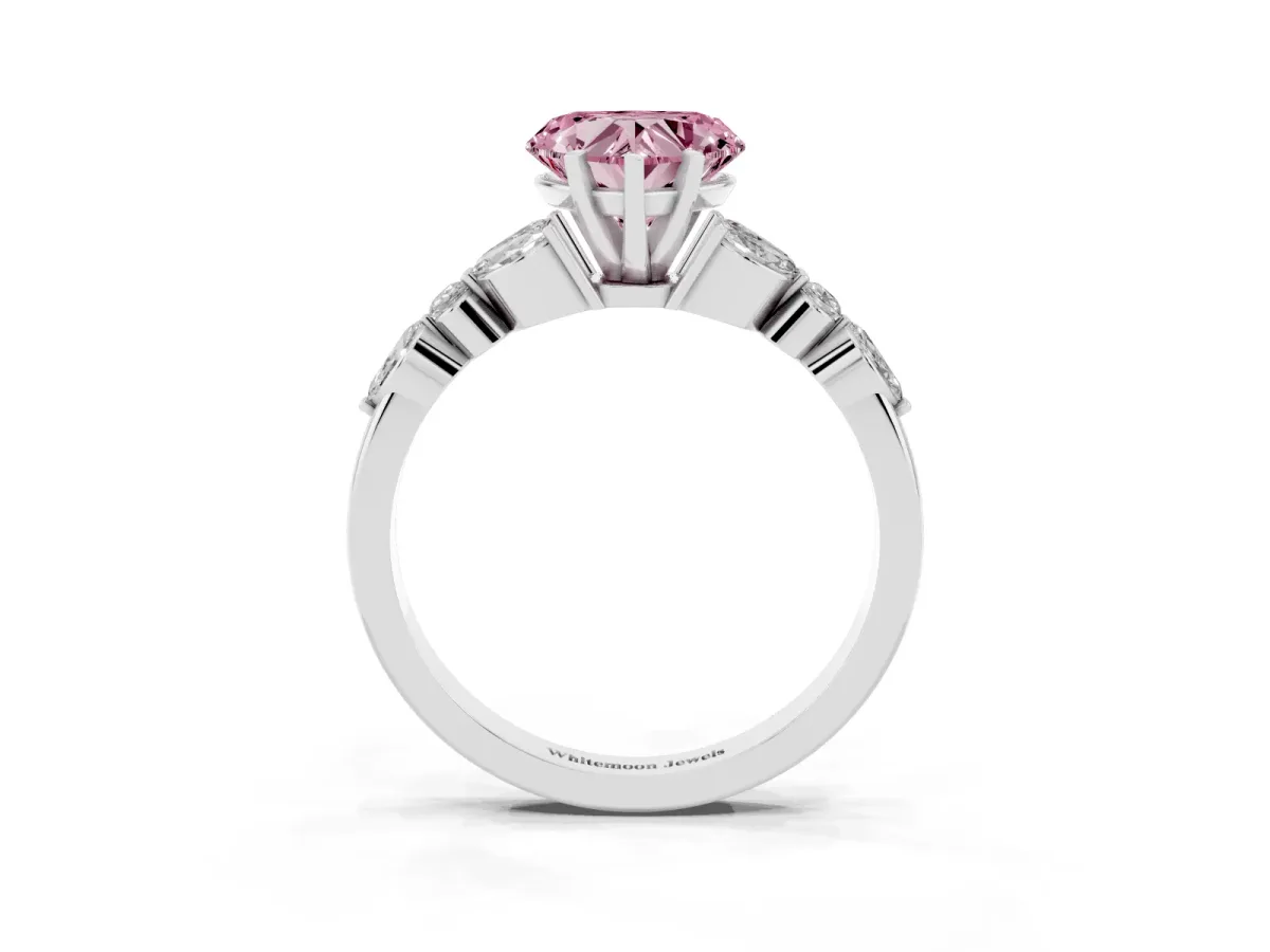 Fancy Pink Heart Cut Diamond Solitaire Ring with Side Stones and Four-Prong Setting Silver
