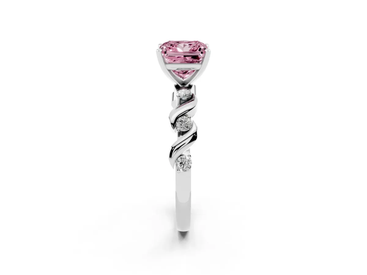 Fancy Pink Princess Cut Diamond Solitaire Twisted Band with Round Accents and Prong Setting White gold