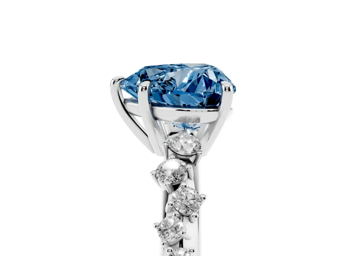 Fancy Blue Heart Cut Diamond Cluster Side Stone Solitaire Ring with Prong Setting Silver