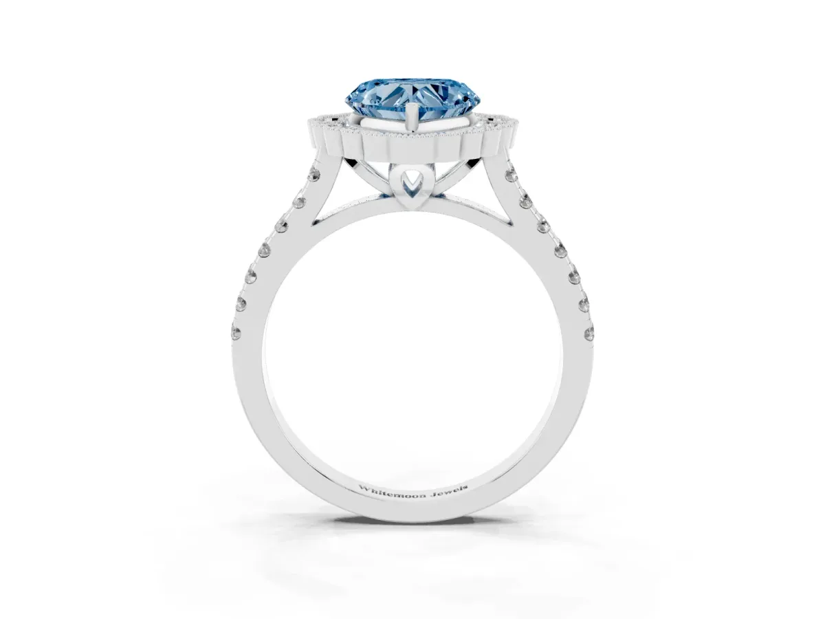 Fancy Blue Heart Cut Cut Diamond Milgrain Floral Halo Engagement Ring with Pavé Band Silver
