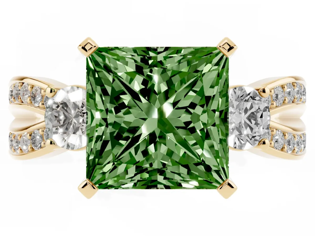 Fancy Green Three-Stone Princess Cut Cut Diamond Twist Band with Prong Setting Yellow gold
