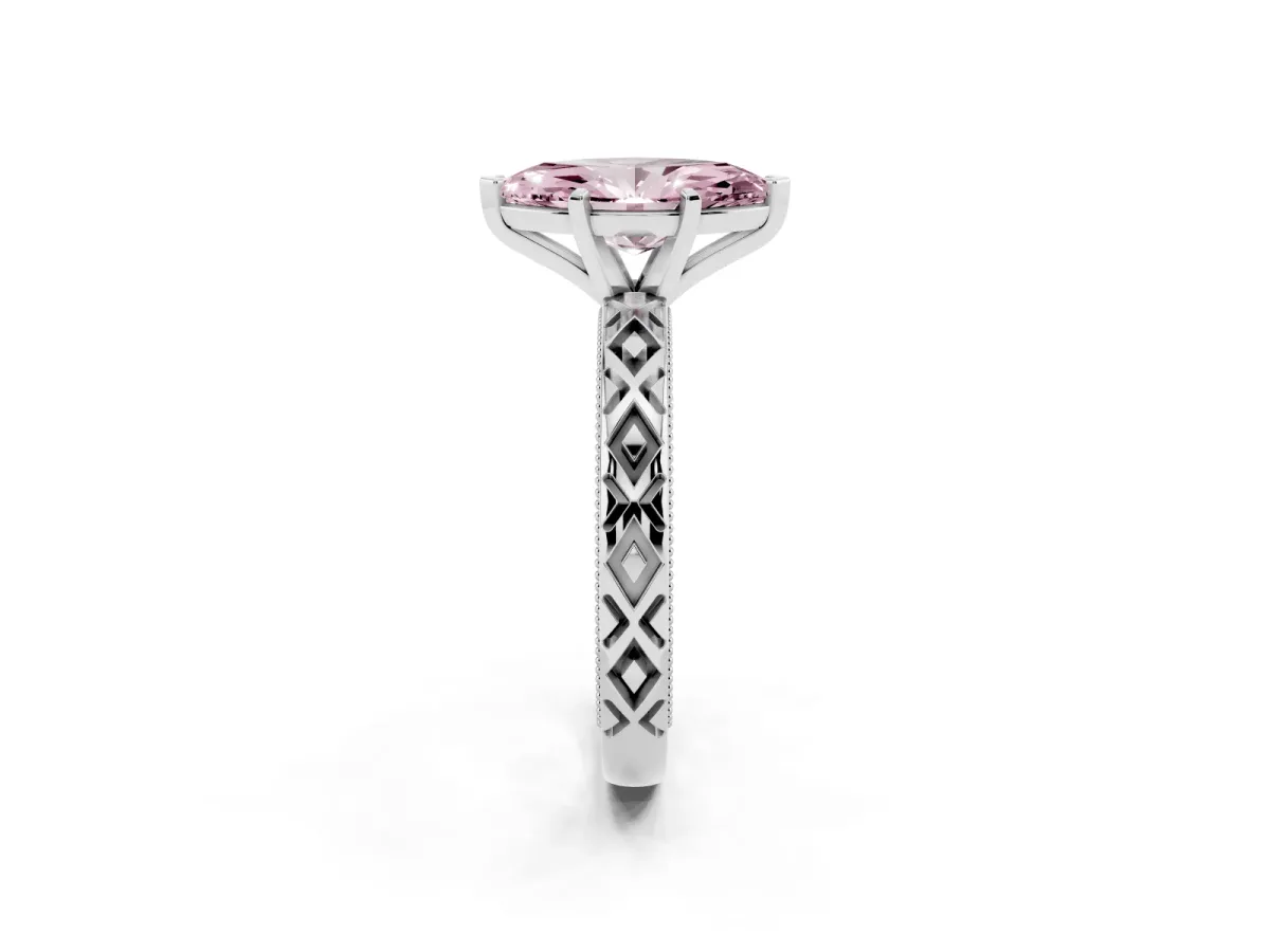 Fancy Pink Marquise Cut Solitaire Diamond Ring with Milgrain and Black Enamel X Pattern Band Silver