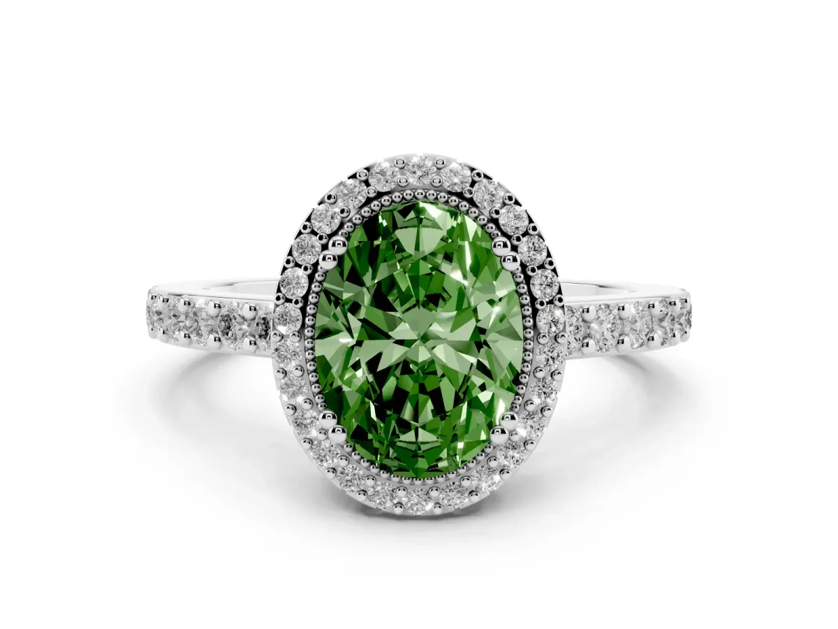 Fancy Green Oval Cut Cut Diamond Halo Engagement Ring with Milgrain Detail and Pavé Band Silver