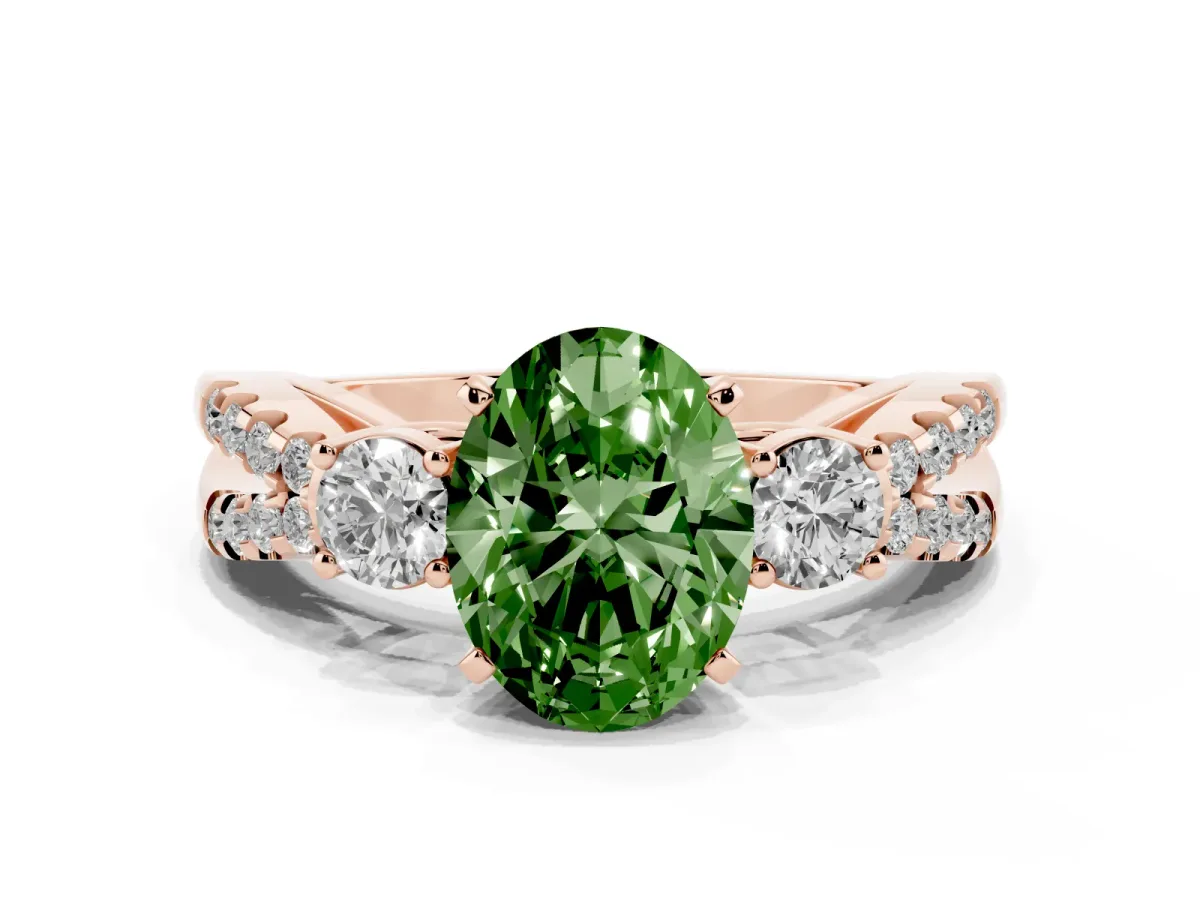 Fancy Green Oval Cut Diamond Three-Stone Ring with Pavé Split Shank and Four-Prong Setting Rose gold