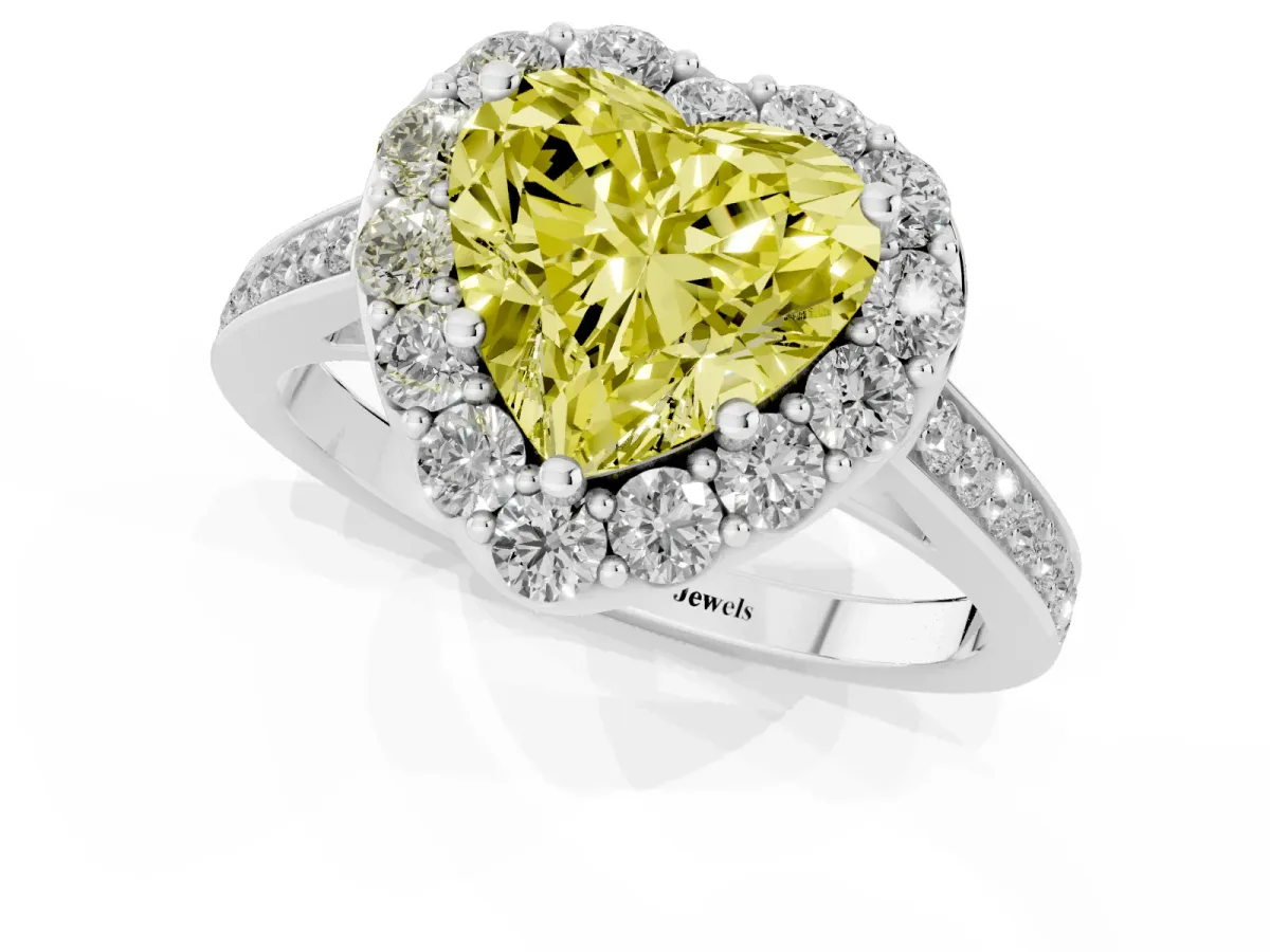 Fancy Yellow Heart Cut Diamond Floral Halo Ring with Pavé Band and Prong Setting Platinum