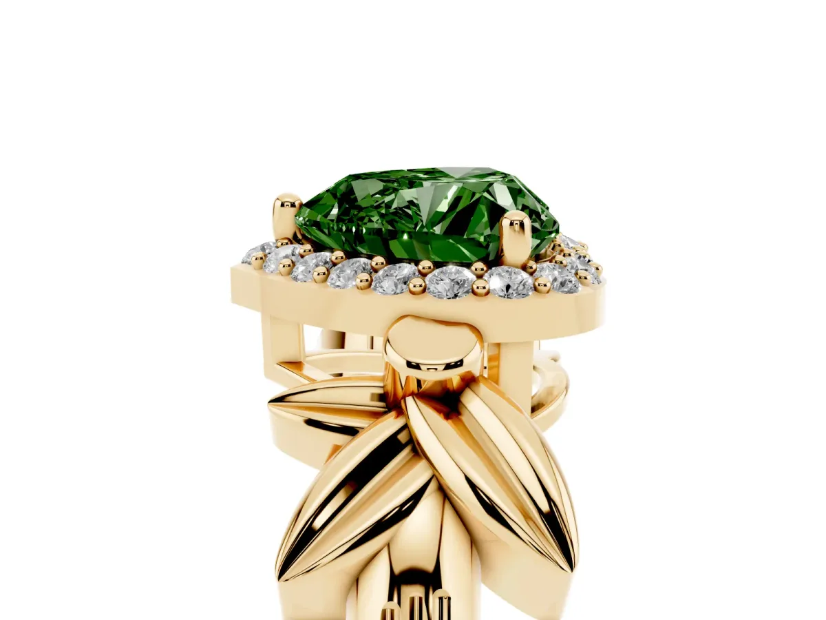 Fancy Green Heart Cut Halo Diamond Floral Band with Four-Prong Setting Yellow gold