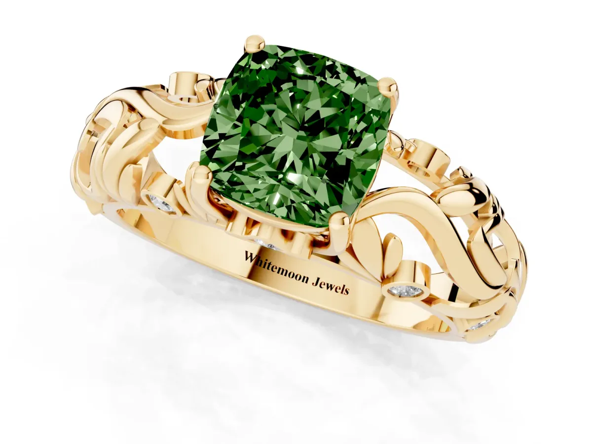 Fancy Green Cushion Cut Solitaire Diamond Leaf-Inspired Vine Band Ring with Prong Setting Yellow gold