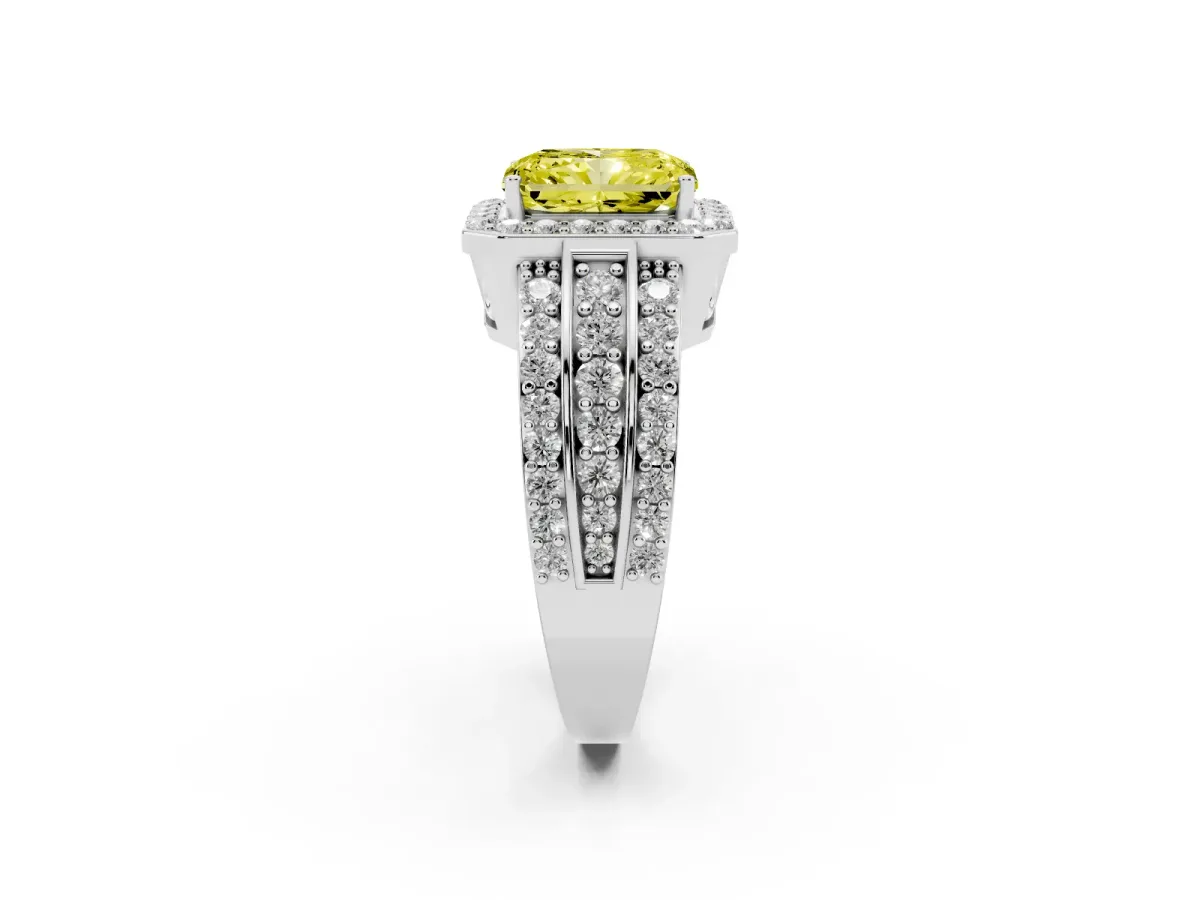 Fancy Yellow Radiant Cut Halo Diamond Ring with Round Split Shank and Prong Setting Silver