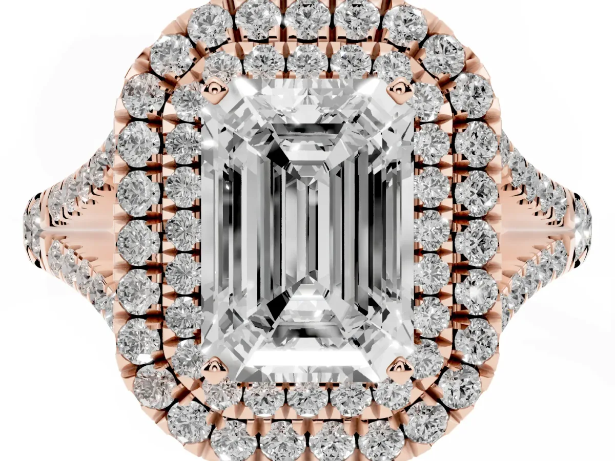 Emerald Cut Diamond Pavé Split Shank Double Halo Engagement Ring Rose gold