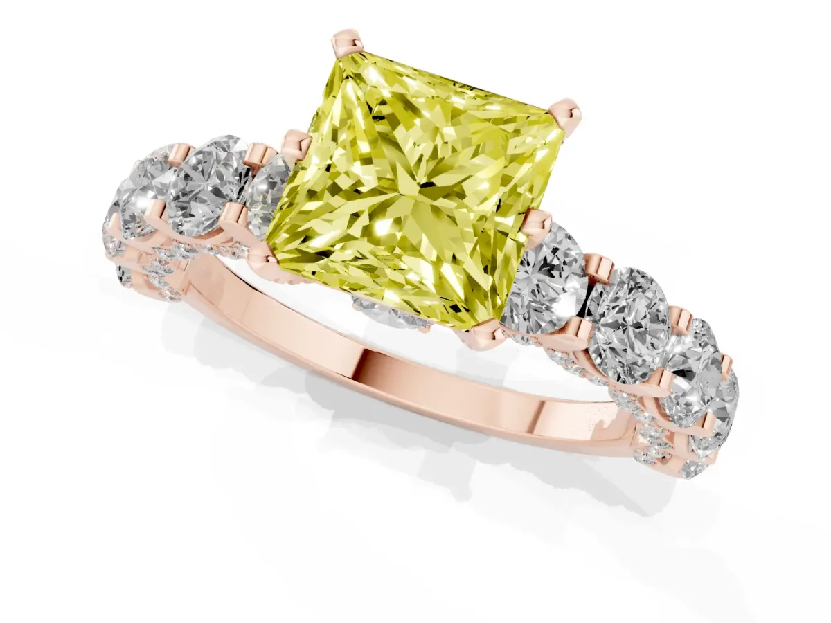 Fancy Yellow Princess Cut Diamond Side Stone Engagement Ring with Four-Prong Setting Rose gold