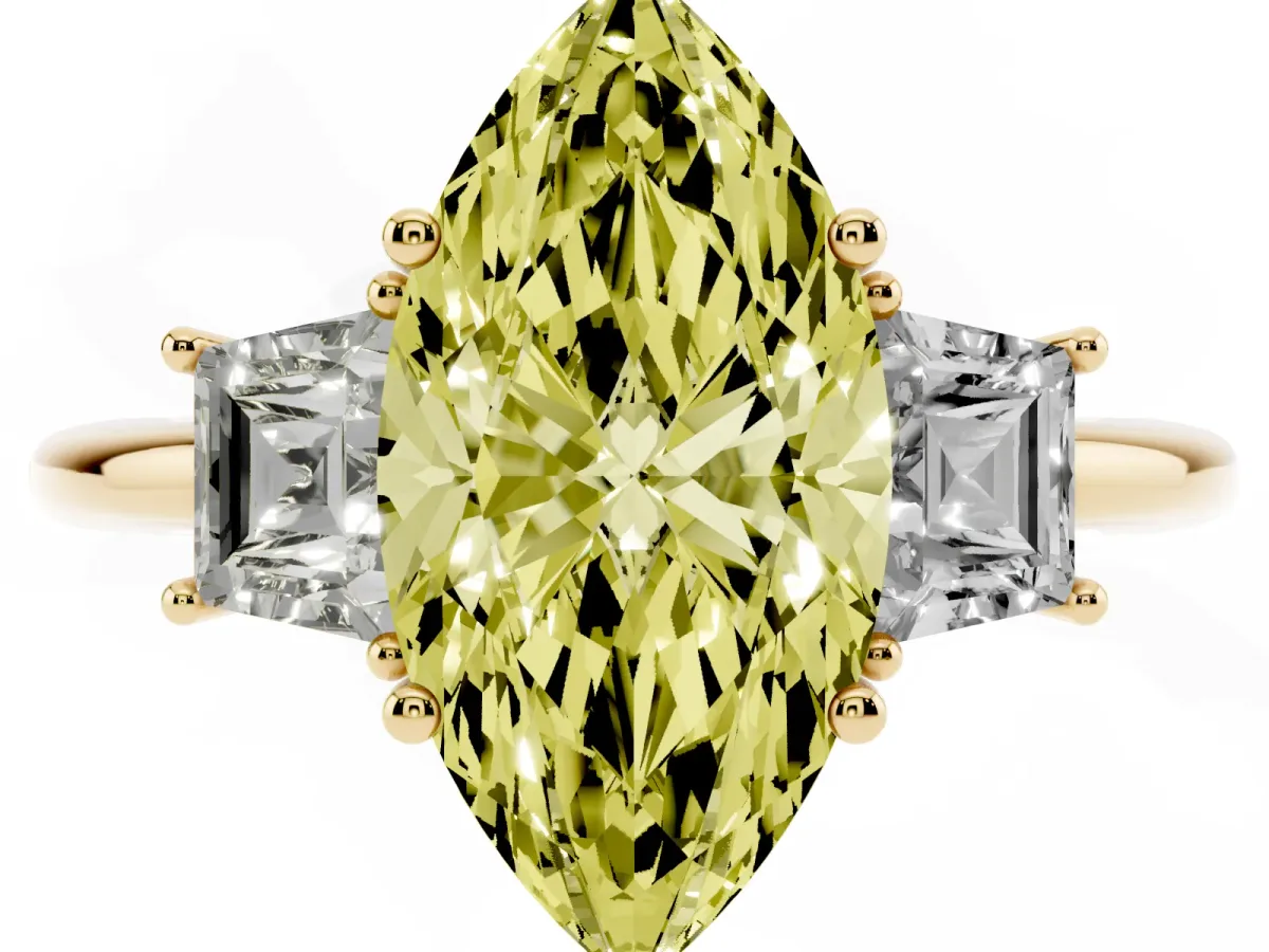 Fancy Yellow Marquise Cut Diamond Three-Stone Ring with Trapezoid Side Stones and Prong Setting Yellow gold