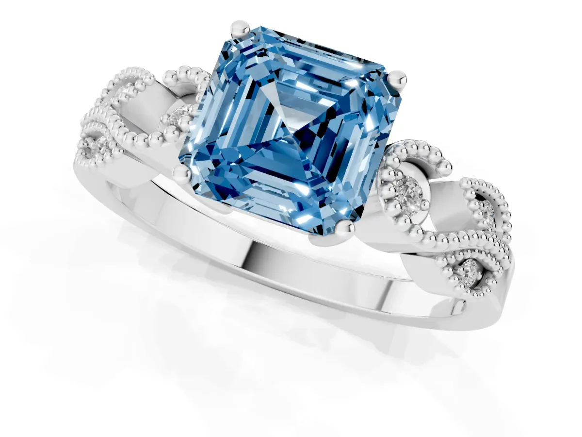 Fancy Blue Asscher Cut Solitaire Milgrain Leaf Band with Prong Setting Silver