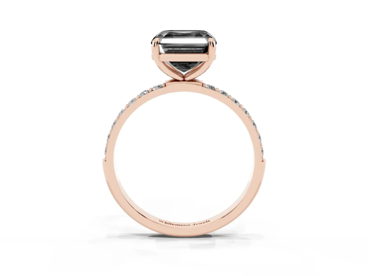 Fancy Black Asscher Cut Diamond Solitaire Ring with Round Pavé Band and Prong Setting Rose gold