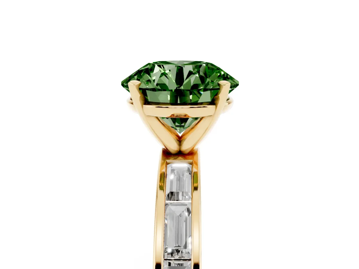 Fancy Green Round Cut Solitaire Diamond Ring with Channel-Set Baguette Band and Four-Prong Setting Yellow gold