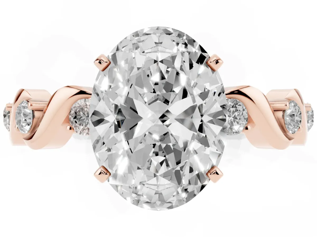 Oval Cut Diamond Solitaire Twisted Band with Round Accents and Prong Setting Rose gold