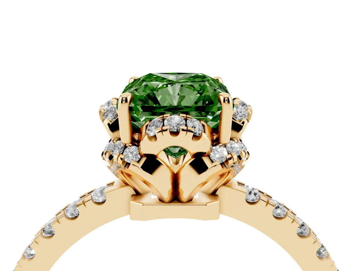 Fancy Green Radiant Cut Diamond Halo Pave Band with Four-Prong Setting Yellow gold