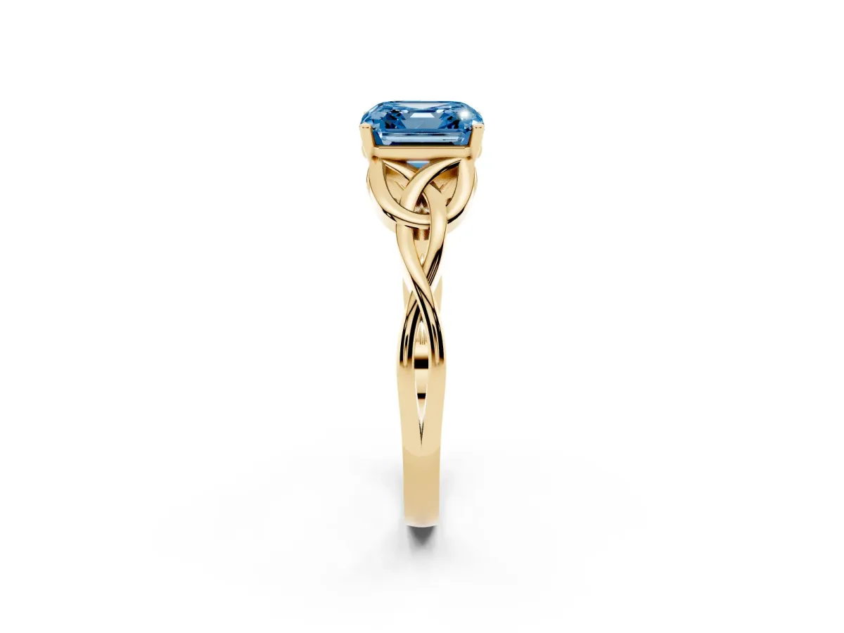 Fancy Blue Asscher Cut Diamond Solitaire Engagement Ring with Celtic Knot Band and Four-Prong Setting Yellow gold