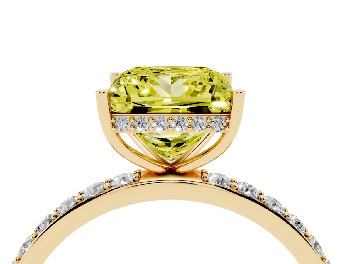 Fancy Yellow Princess Cut Diamond Solitaire Ring with Pavé Band and Hidden Halo Yellow gold