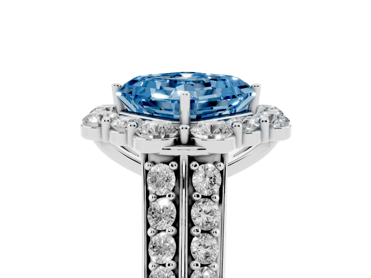 Fancy Blue Asscher Cut Halo Diamond Engagement Ring with Split Shank and Prong Setting Silver