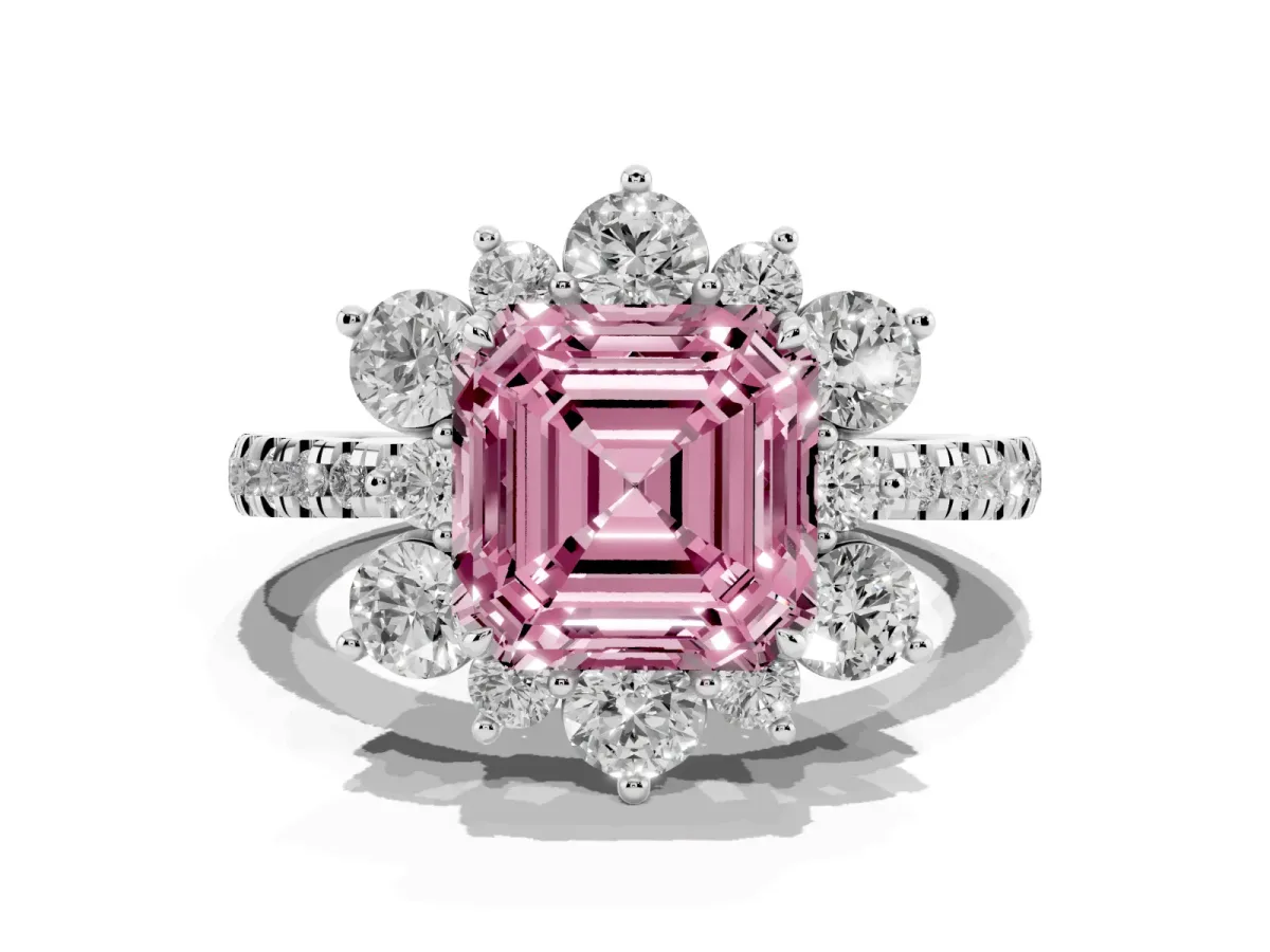 Fancy Pink Asscher Cut Diamond Floral Halo Ring with Round Pavé Band and Prong Setting White gold