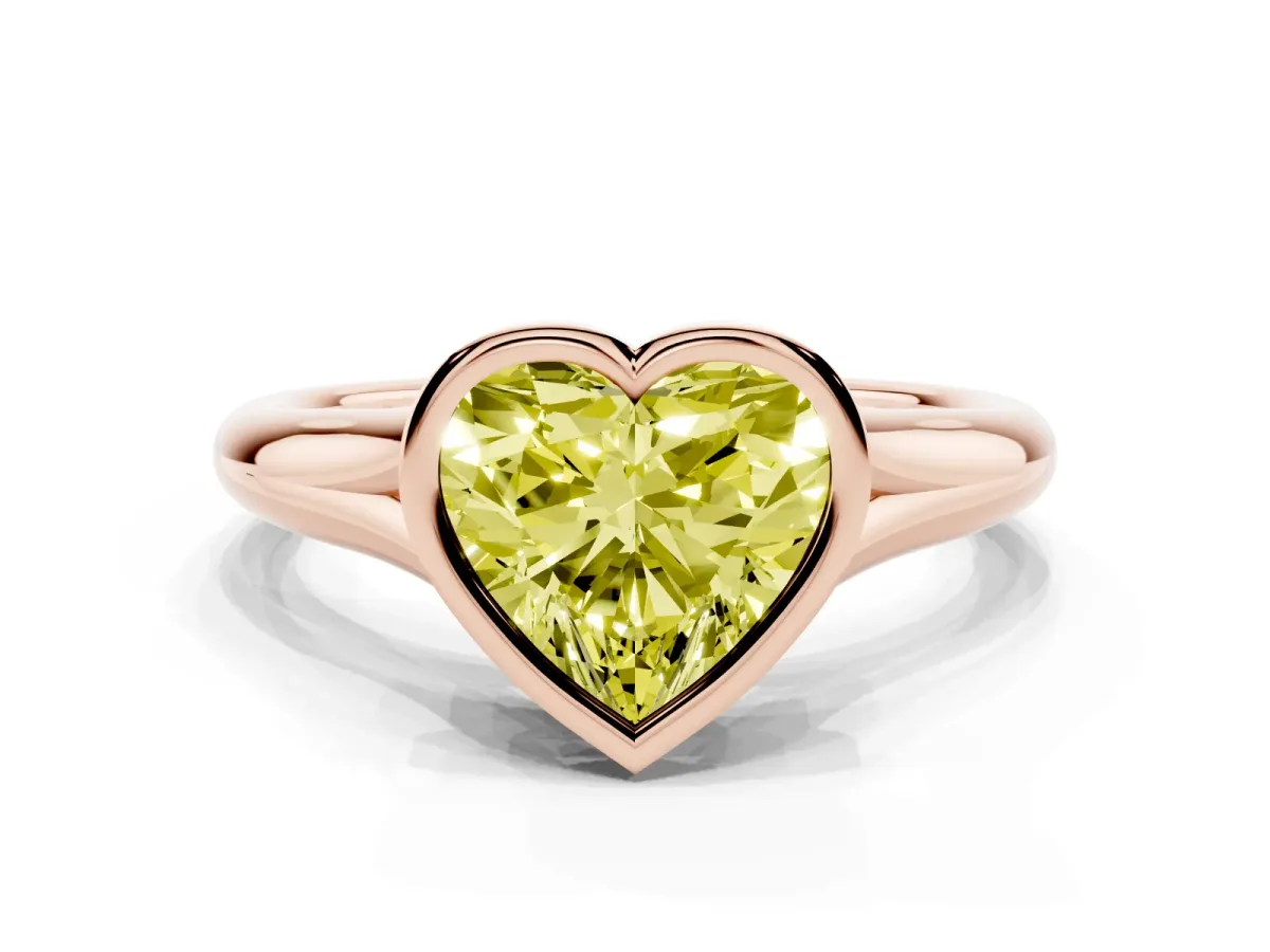 Fancy Yellow Bezel Set Heart Cut Solitaire Diamond Ring with Smooth Band Rose gold