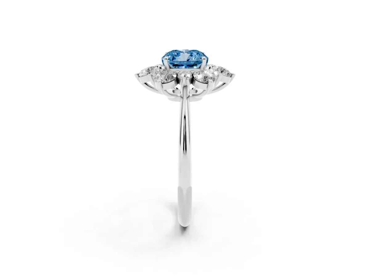Fancy Blue Cushion Cut Diamond Cluster Halo Ring with Solitaire Band and Four-Prong Setting Silver