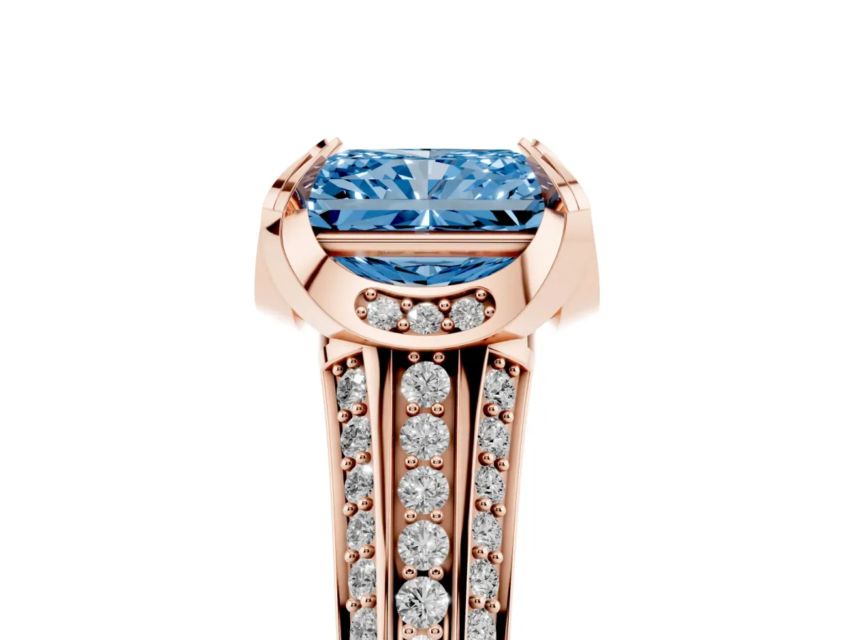 Fancy Blue Radiant Cut Solitaire Pave Split Shank Ring with Four-Prong Setting Rose gold