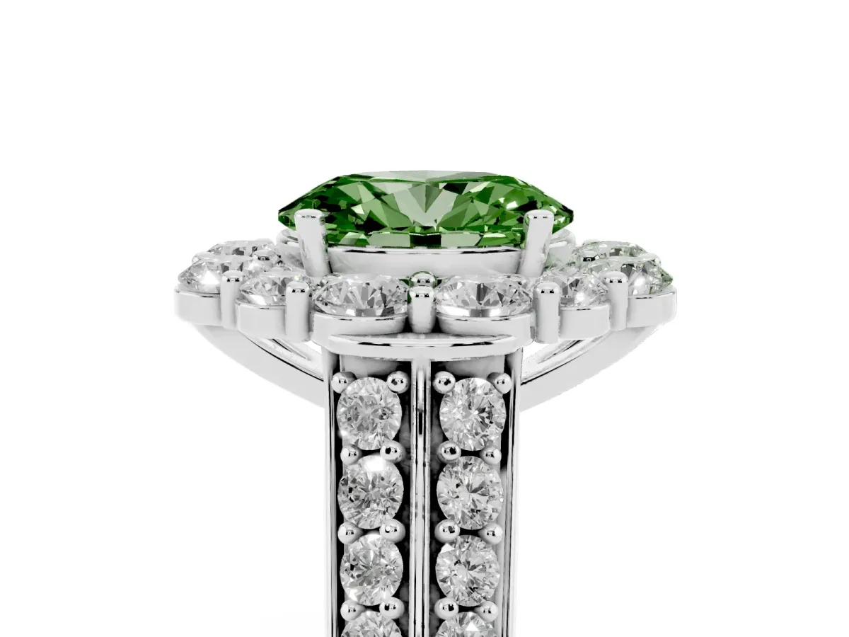 Fancy Green Oval Cut Halo Diamond Engagement Ring with Split Shank and Prong Setting Silver