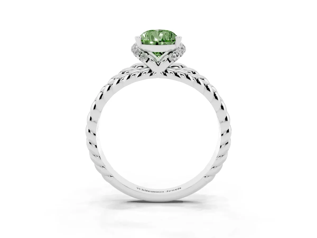 Fancy Green Pear Cut Halo Twisted Band Four-Prong Ring Silver