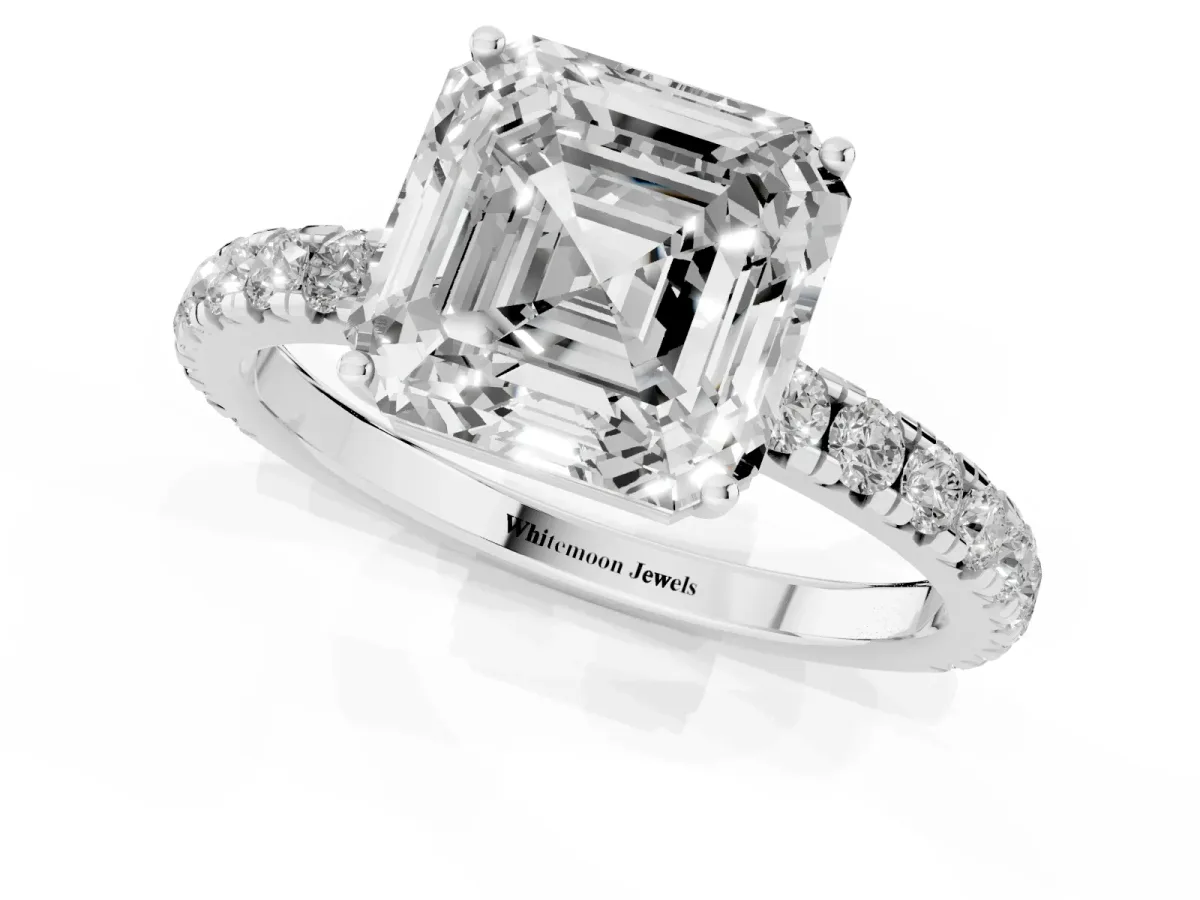 Asscher Cut Diamond Pavé Solitaire Engagement Ring with Four-Prong Setting Silver