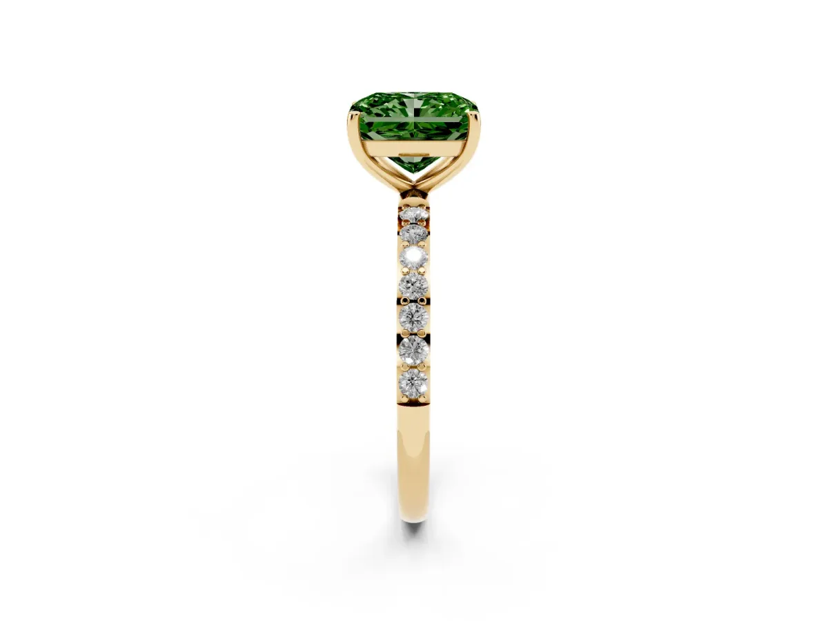 Fancy Green Radiant Cut Diamond Solitaire Ring with Round Pavé Shoulders and Prong Setting Yellow gold