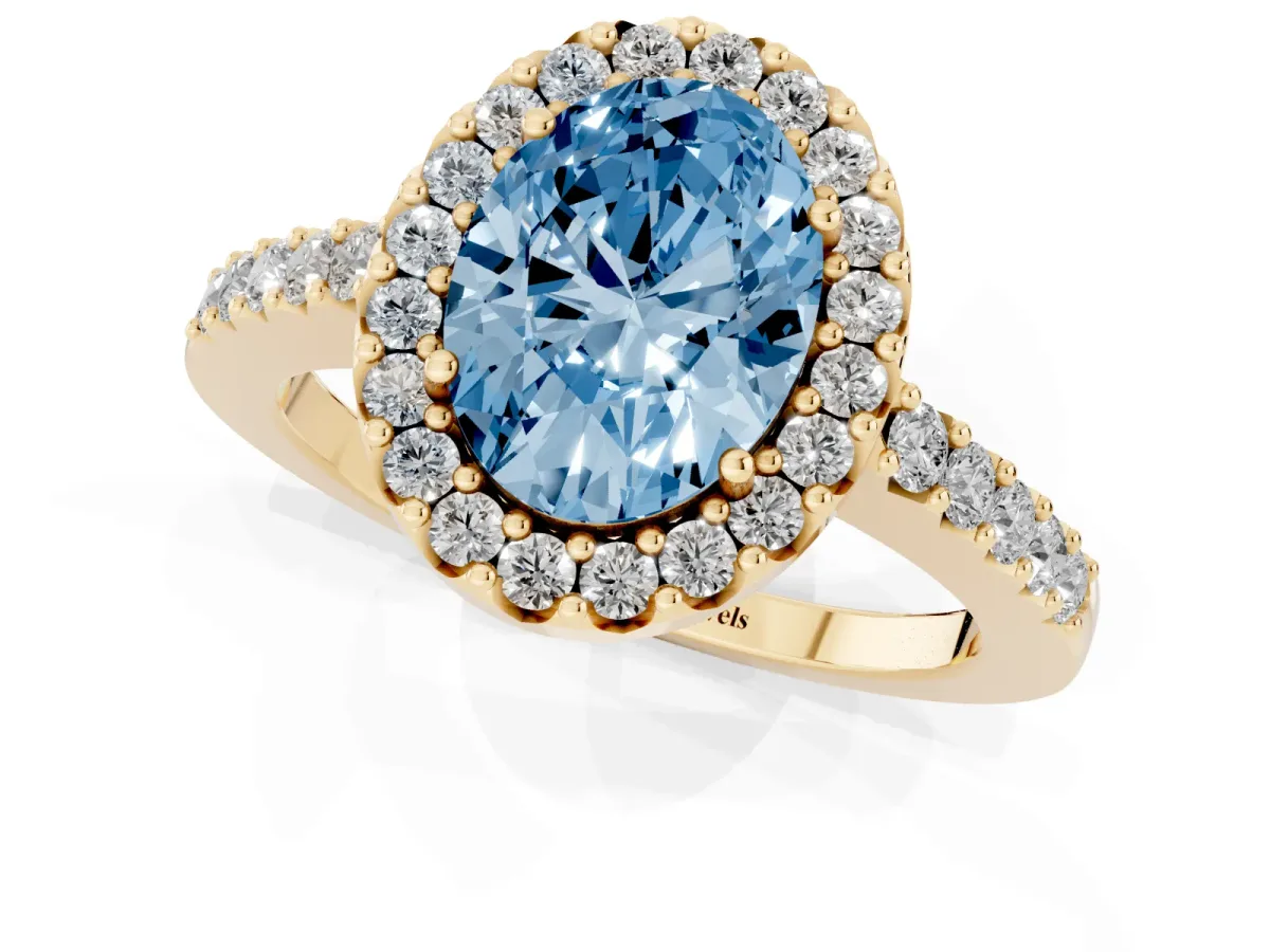 Fancy Blue Oval Cut Halo Diamond Pavé Solitaire Ring Yellow gold