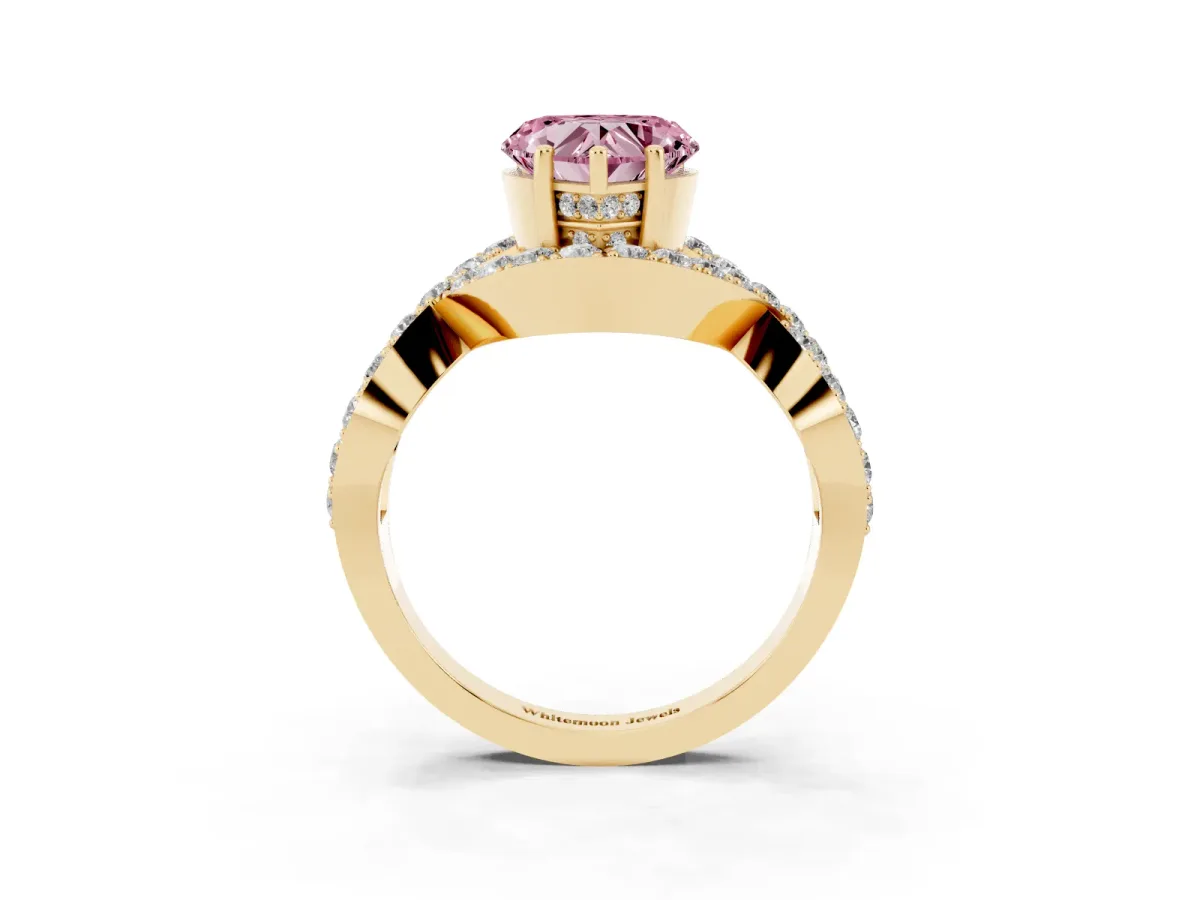 Fancy Pink Heart Cut Solitaire Twist Band Pavé Diamond Engagement Ring Yellow gold