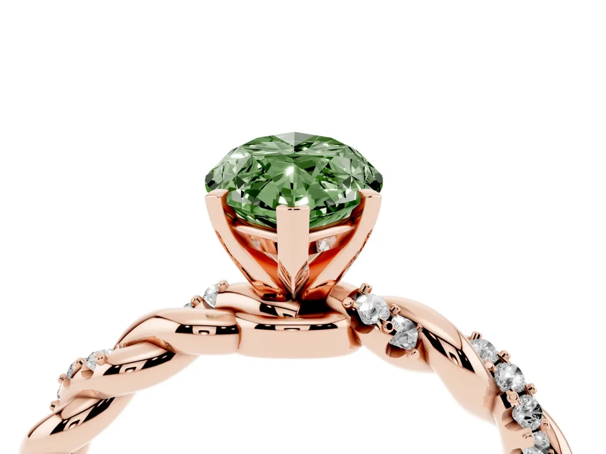 Fancy Green Marquise Cut Diamond Solitaire Ring with Twisted Band and Pavé Accents Rose gold