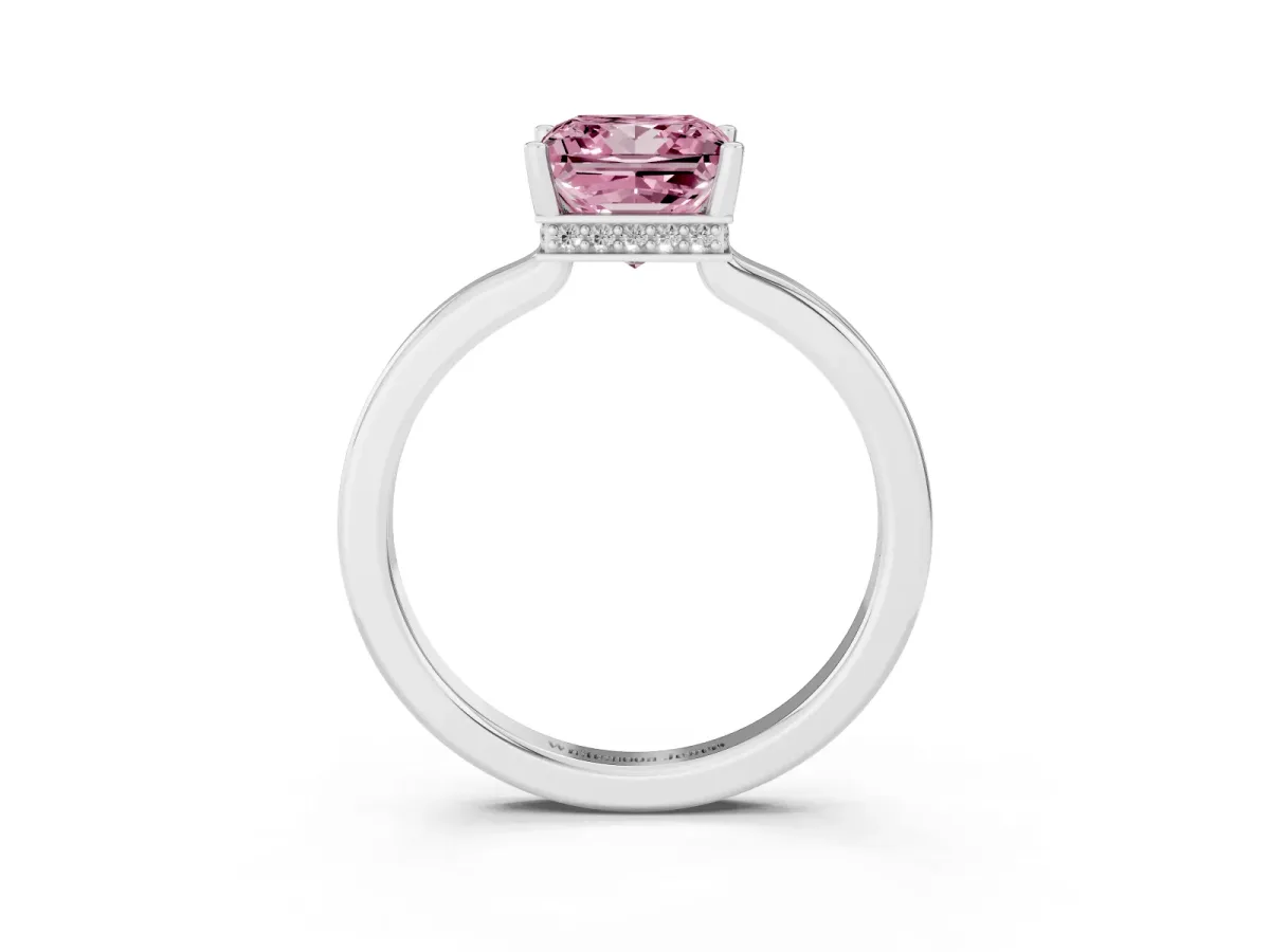 Fancy Pink Princess Cut Cut Solitaire Engagement Ring with Four-Prong Setting on a Classic Band Silver