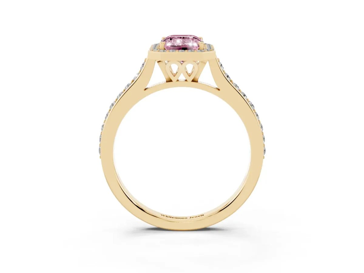 Fancy Pink Emerald Cut Diamond Halo Engagement Ring with Round Pavé Shoulders and Prong Setting Yellow gold