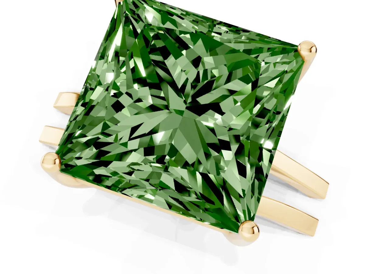 Fancy Green Princess Cut Cut Diamond Solitaire Engagement Ring with Tapered Plain Band and Four-Prong Setting Yellow gold